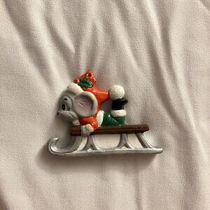 Vintage Ceramic Gray Mouse On Sled Red Green Holly Christmas Holiday Winter